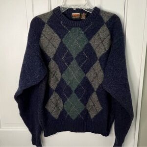 Vintage Mountain Express 100% Shetland Wool Argyle Sweater Unisex  XL Cabincore